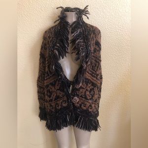Peruvian Connection long sleeve fringe button down cardigan sweater size L